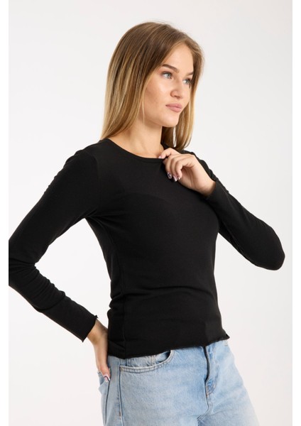 Kadın Uzun Kollu Yuvarlak Yaka Esnek Basic Bluz – Günlük ve Şık 3009
