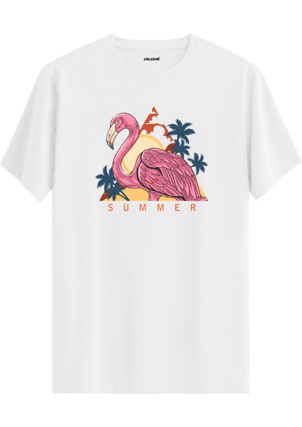 Flamingo Summer Baskılı %100 Pamuk Tişört