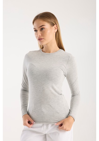 Kadın Uzun Kollu Yuvarlak Yaka Yün Karışımlı Basic Triko Bluz 3010