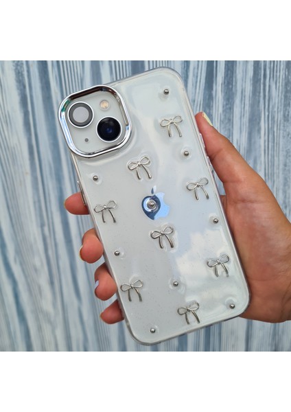 iPhone 13-14 İle Uyumlu Epoksi Kurdela Desenli Şeffaf Kılıf Simli Darbeye Karşı Dayanıklı Kapak