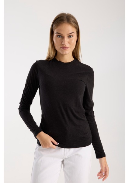 Kadın Uzun Kollu Yuvarlak Yaka Yün Karışımlı Basic Triko Bluz 3010