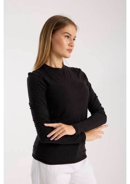 Kadın Uzun Kollu Yuvarlak Yaka Yün Karışımlı Basic Triko Bluz 3010