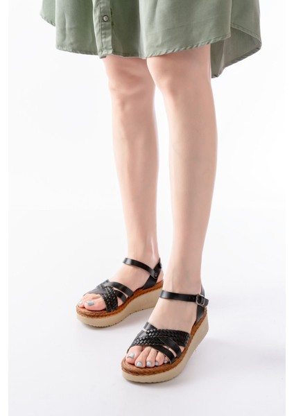 Bayan Sandalet 730-138 Siyah Örgü Hakiki Deri Ortopedik Taban Kadın Sandalet