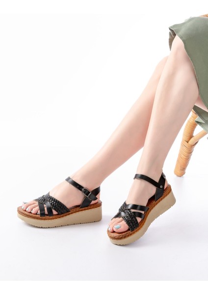 Bayan Sandalet 730-138 Siyah Örgü Hakiki Deri Ortopedik Taban Kadın Sandalet fiyatları