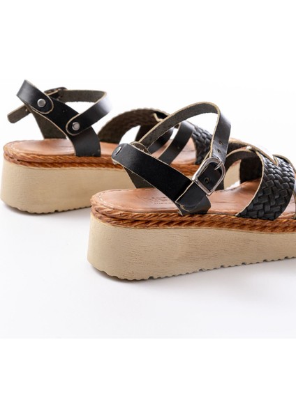 Bayan Sandalet 730-138 Siyah Örgü Hakiki Deri Ortopedik Taban Kadın Sandalet modelleri