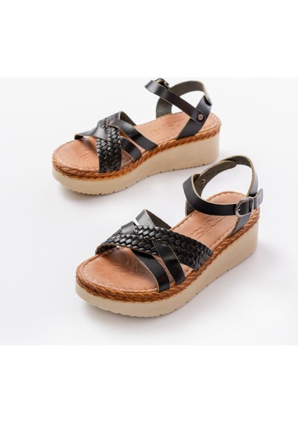Bayan Sandalet 730-138 Siyah Örgü Hakiki Deri Ortopedik Taban Kadın Sandalet fırsatları