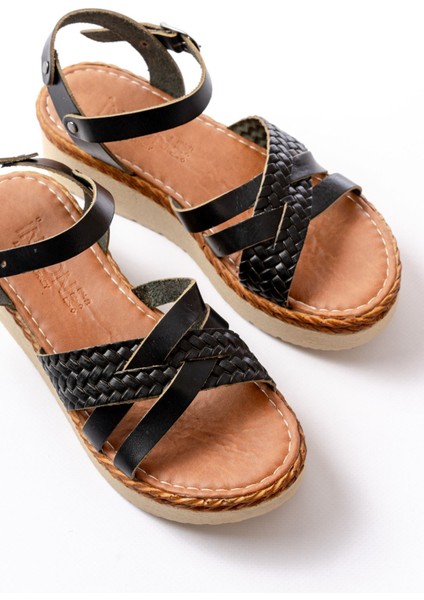 Bayan Sandalet 730-138 Siyah Örgü Hakiki Deri Ortopedik Taban Kadın Sandalet indirimleri