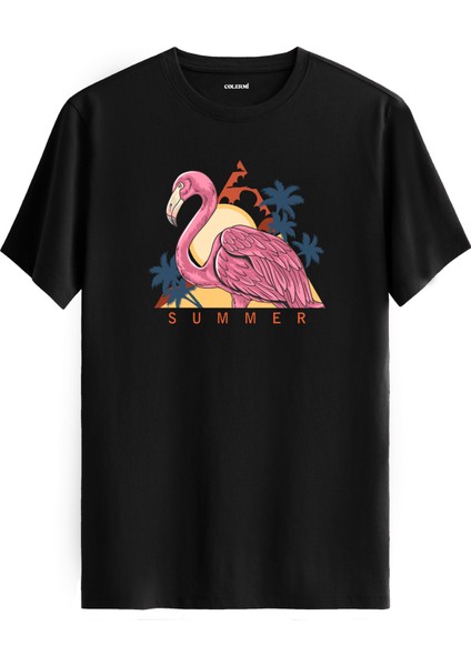 Flamingo Summer Baskılı %100 Pamuk Tişört