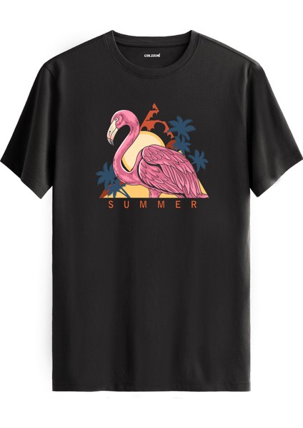 Flamingo Summer Baskılı %100 Pamuk Tişört