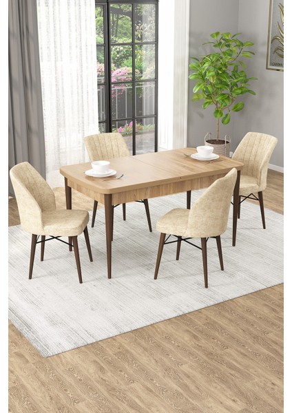 Arel Meşe 80X132 Açılabilir Mdf Masa Yemek Odası Takımı, Mutfak Takımı 4 Adet Sandalye