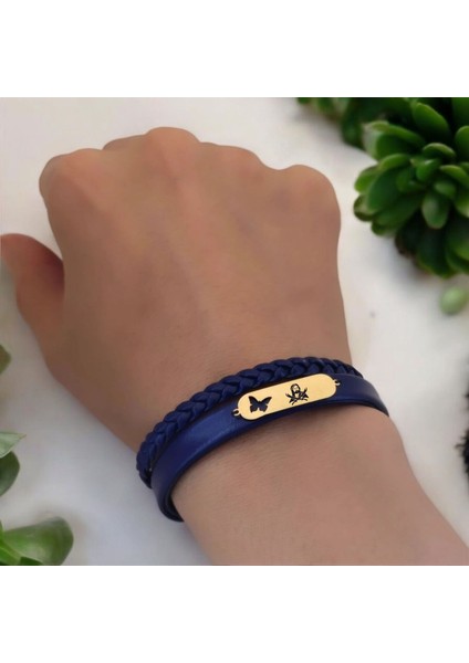 14 Ayar Altın Plakalı Hz Ali Temalı Kelebek Motifli Lacivert Derili Hediye BILEKLIK-616SEMBOL