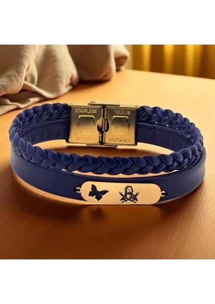 14 Ayar Altın Plakalı Hz Ali Temalı Kelebek Motifli Lacivert Derili Hediye BILEKLIK-616SEMBOL fiyatları
