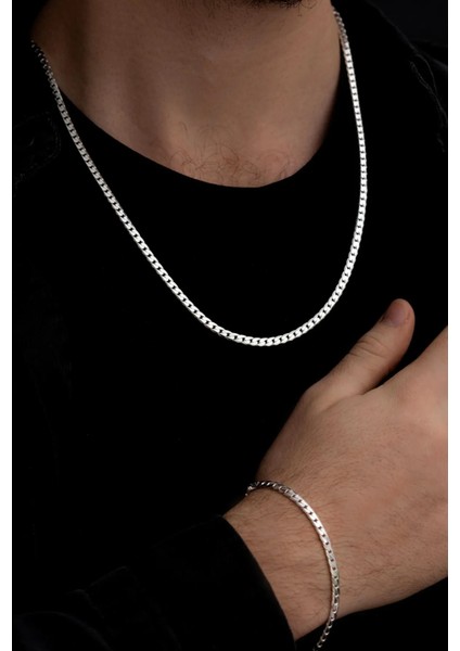 Erkek Gümüş Set - 4mm Ezme Model Gurmet Luxury Italy Kolye Bileklik