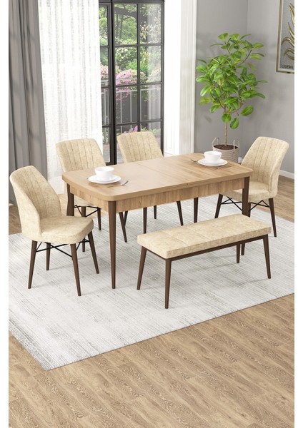 Arel Meşe 80X132 Açılabilir Mdf Masa Yemek Odası Takımı, Mutfak Takımı 4 Adet Sandalye, 1 Bench