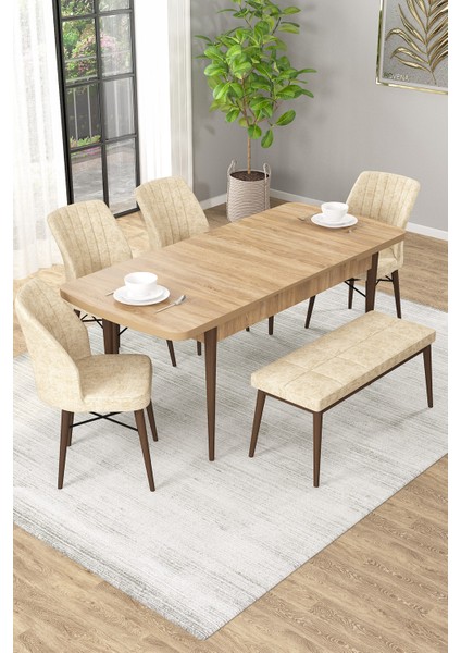 Arel Meşe 80X132 Açılabilir Mdf Masa Yemek Odası Takımı, Mutfak Takımı 4 Adet Sandalye, 1 Bench fiyatları