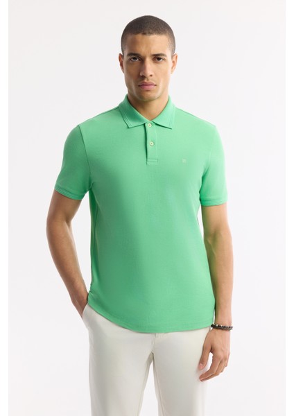 Erkek Neon Yeşil Kıvrılmaz Polo Yaka %100 Pamuk Basic Regular Fit T-Shirt B001032