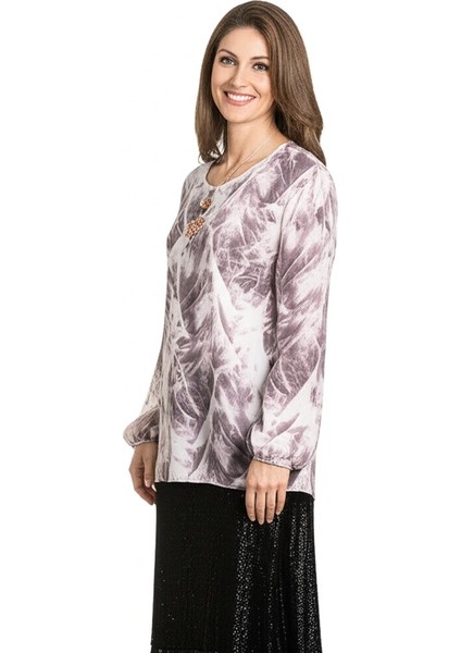 Kadın Klasik Şifon Anne Bluz Viskoz Kumaş Sanat Desenli Kolyeli Astarlı Rahatkesim Tam Kalıp