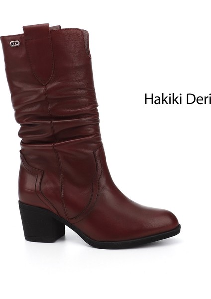 Kadın Antik Bordo Kalın Topuklu Körüklü Hakiki Deri Çizme