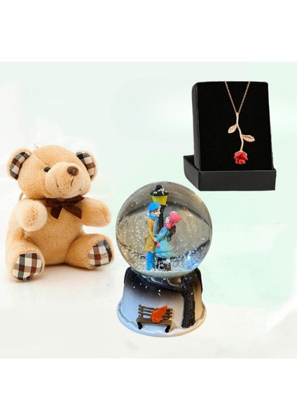 Işıklı Kar Küresi, Peluş Ayıcık ve Gül Kolye Hediye Seti