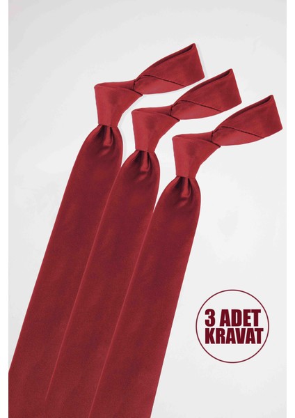 3'lü Paket Düz Ince Bordo Erkek Kravat