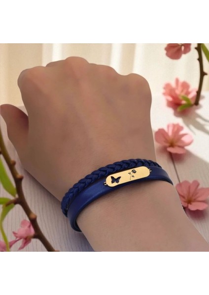 Altın Plakalı 14 Ayar Gül Temalı Kelebek Motifli Lacivert Derili Hediye BILEKLIK-616SEMBOL