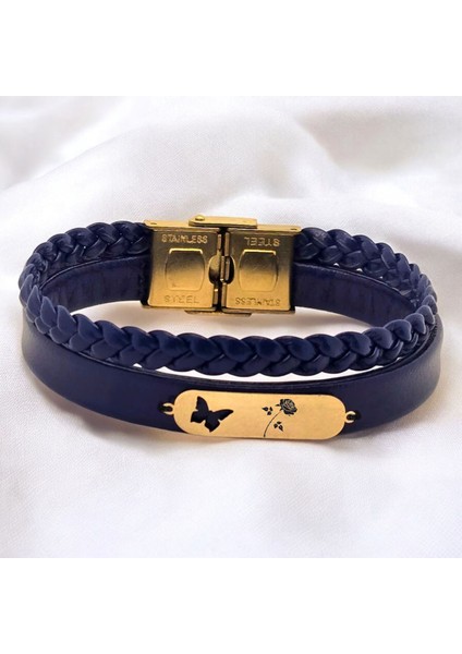 Altın Plakalı 14 Ayar Gül Temalı Kelebek Motifli Lacivert Derili Hediye BILEKLIK-616SEMBOL fiyatları