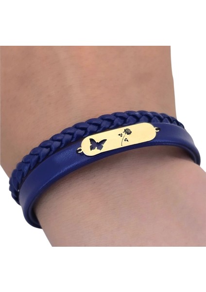 Altın Plakalı 14 Ayar Gül Temalı Kelebek Motifli Lacivert Derili Hediye BILEKLIK-616SEMBOL fırsatları