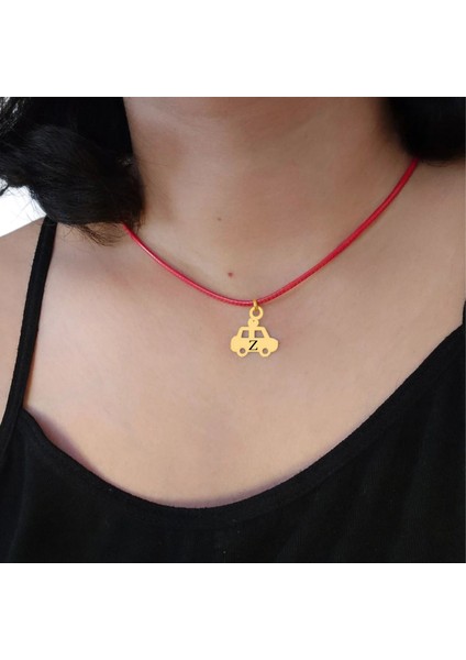 14 Ayar Altın Plakalı Z Harfine Özel Kırmızı Bağlıklı Araba Motifli Hediyelik KOLYE-626HARF