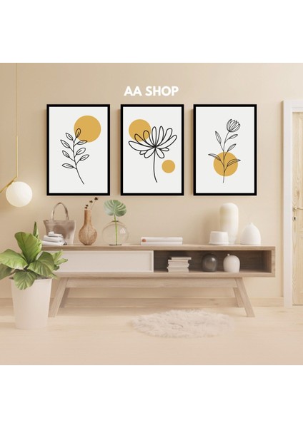 3 Parça Çiçek Papatya Renkli Solmaz Kaliteli Baskı Çerçeve Görünümlü Mdf Tablo Set 26