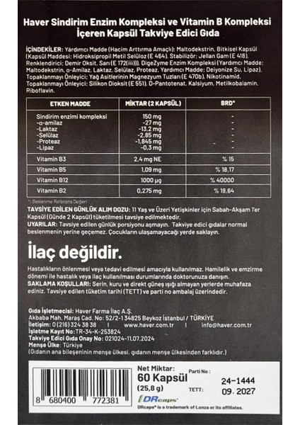 Sindiriım Enzim Kompleksi 60 Kapsül 2 Adet indirimleri