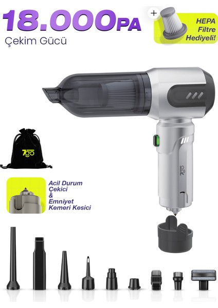 Ahv-14 2'si 1 Arada Kablosuz Araç Içi Süpürge Gümüş | 18000PA Güçlü Vakum + Üfleme | Cam Kırıcı & Kemer Kesici Acil Durum Özellikli
