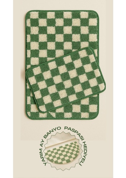 Yarım Ay Paspas Hediyeli Dama Desenli Kaymaz Taban Yıkanabilir 2 Parça Banyo Paspası 60X100 cm Shaggy Chess
