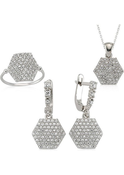 Altıgen Zirkon Taş 925 Ayar Gümüş Kadın Set