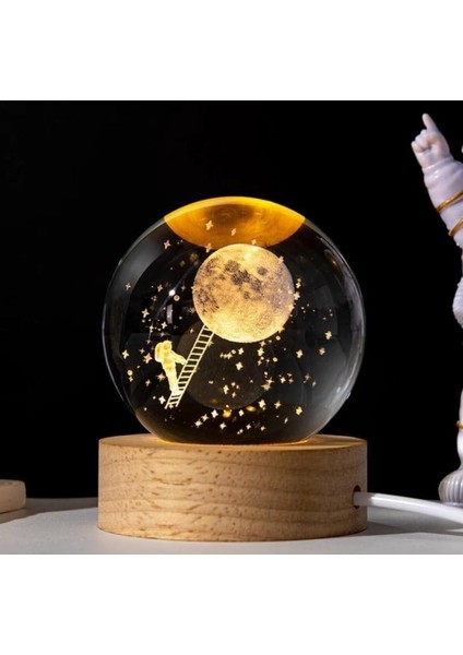 3D LED Işıklı Ahşap Standlı Astronot ve Ay Temalı Cam Küre, Usb'li, Dolunay ve Kar Küresi