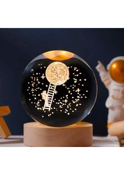 3D LED Işıklı Ahşap Standlı Astronot ve Ay Temalı Cam Küre, Usb'li, Dolunay ve Kar Küresi modelleri