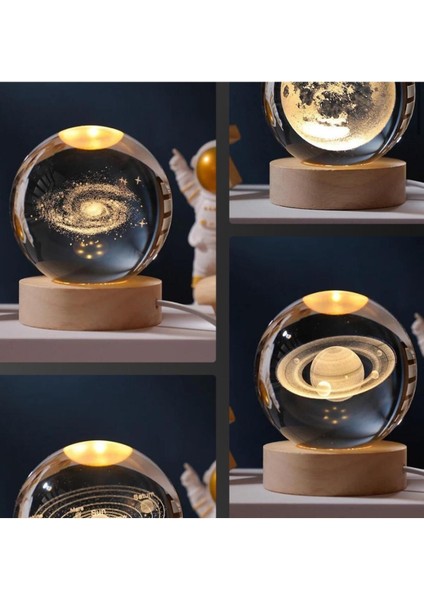 3D LED Işıklı Ahşap Standlı Astronot ve Ay Temalı Cam Küre, Usb'li, Dolunay ve Kar Küresi