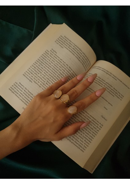 Gold Renk Ametist- Pembe Kuvars Doğal Taşlı Paslanmaz Çelik Yüzük fırsatları