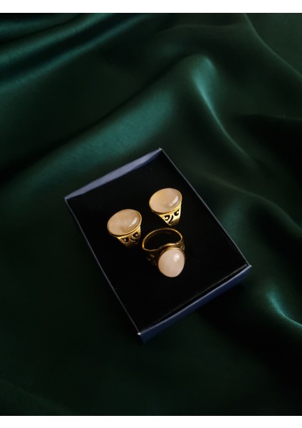 Gold Renk Ametist- Pembe Kuvars Doğal Taşlı Paslanmaz Çelik Yüzük indirimleri