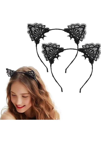 Büro Ev Ofis Etkinlik Gösteri Kostümü Için 17CM Siyah Dantelli Kedi Kulağı Tacı