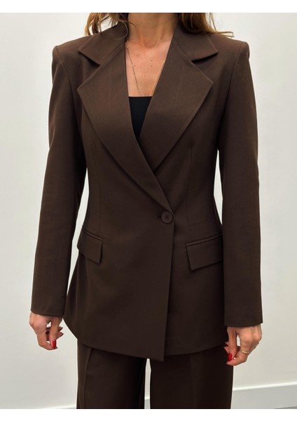 Kadın Tek Düğme Piliseli Palazzo Pantolon Kahve Blazer Takım fiyatları