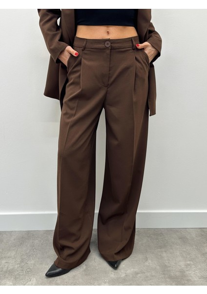 Kadın Tek Düğme Piliseli Palazzo Pantolon Kahve Blazer Takım indirimleri