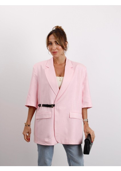 Kadın Kruvaze Yaka Kemerli Pembe Keten Ceket
