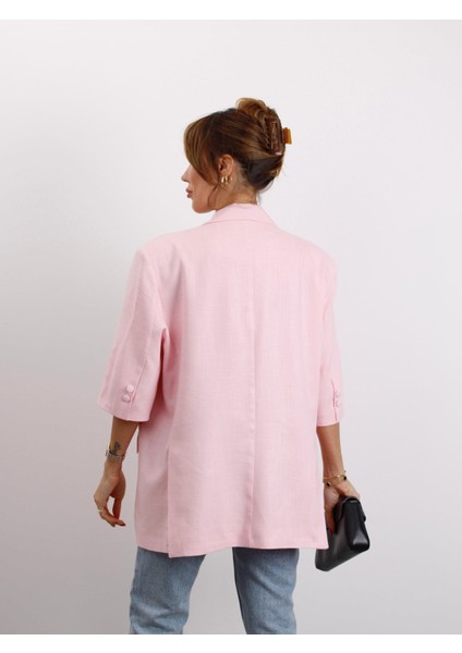 Kadın Kruvaze Yaka Kemerli Pembe Keten Ceket modelleri