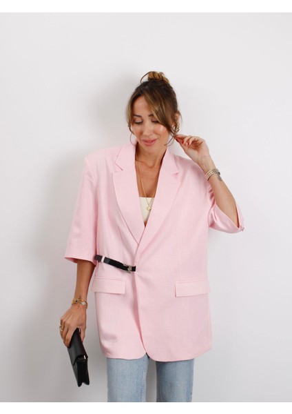 Kadın Kruvaze Yaka Kemerli Pembe Keten Ceket indirimleri