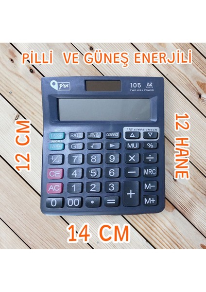 12X14 cm Güneş ve Pilli Masaüstü Hesap Makinesi, 12 Haneli, Kullanışlı ve Şık
