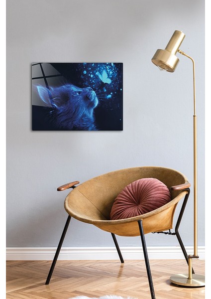 Şeffaf Cam Tablo, Kedi ve Kelebek, 30X40CM, Dekoratif Sanat Eseri