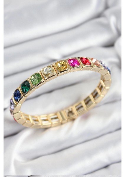 Bfs Pirinç Karışık Zirkon Taşlı Kare Model Gold Renk Lastikli Kadın Bileklik