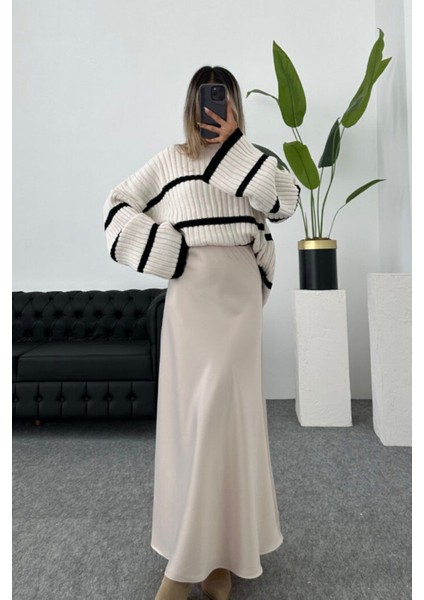 Şık Saten Kumaş Beli Lastikli Uzun Etek