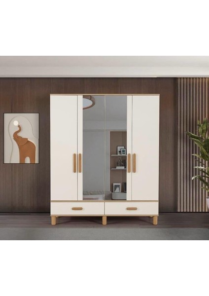 Evi̇mşah Gardirop 4 Kapili Oslo Aynali Çekmeceli Ceviz / Beyaz Dolap