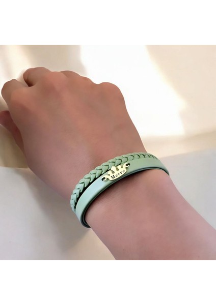 14 Ayar Altın Plakalı Merve Ismine Özel Taç Motifli Zeytin Yeşili Derili Hediye BILEKLIK-640ISIM